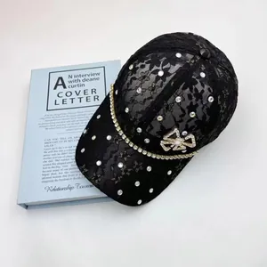 Fashion Women Lace Rhinestone Baseball Cap Sweet Floral Mesh Sun Hat Metal Bow Decor Adjustable Outdoor Travel Headwear