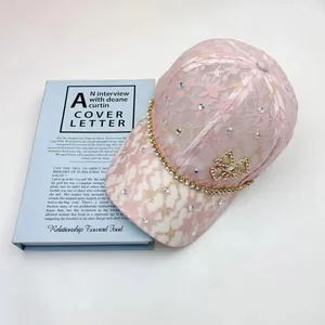 Pink lace baseball cap for women with sparkling rhinestones and gold chain trim decoration