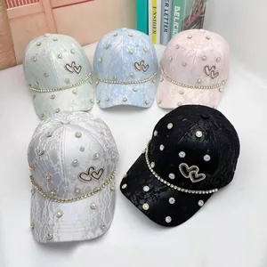 Lace baseball caps for women with rhinestone double heart logo in five pastel colors