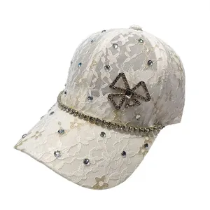 White lace baseball cap with sparkling rhinestones and floral mesh sun protection hat