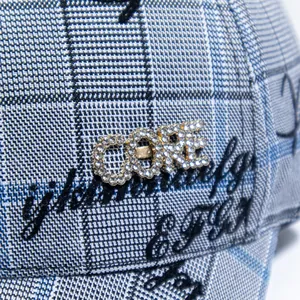 Fashion plaid baseball cap with rhinestone letter embellishment and elegant street style