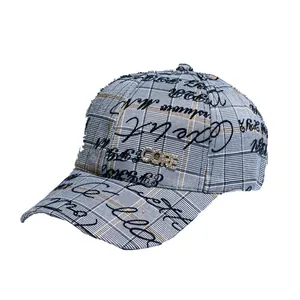 Grey plaid baseball cap for women with CORE rhinestone embroidery and street style
