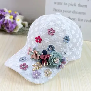 Women Sweet Organza Lace Baseball Cap Handmade 3D Flower Rhinestone Mesh Breathable Adjustable Outdoor Sun Hat Accessory
