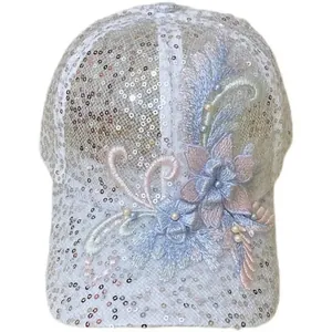Sparkly mesh baseball cap for women with silver sequins and 3D floral embroidery