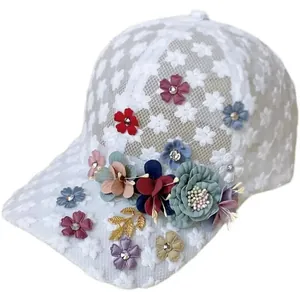 Women's white organza baseball cap with colorful 3D handmade flowers and pearls