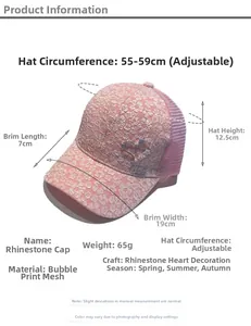 Size chart showing adjustable 55-59cm pink rhinestone heart baseball cap details