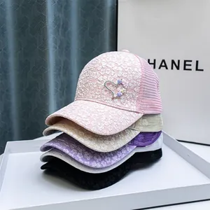 Women's baseball cap with heart rhinestone and floral lace mesh in pink and beige