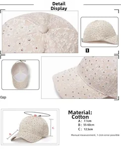 Size chart for rhinestone floral baseball cap with brim length and head circumference details