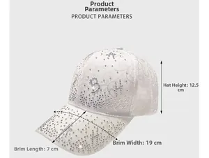 Detailed view of white rhinestone baseball cap with mesh back and dimension measurements