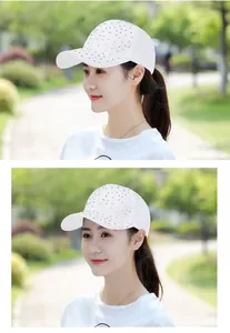 Close-up of white baseball cap with silver rhinestones and flower patterns for women