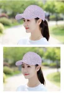 Detail of light purple floral lace baseball cap with sparkling rhinestones for women