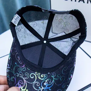 Detail view of the 100% polyester inner structure and sweatband on the printed baseball cap