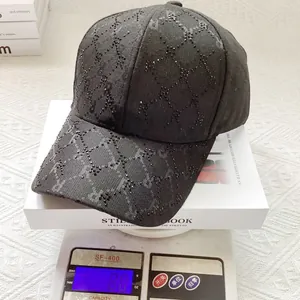 Lightweight black jacquard baseball cap with rhinestones, weighing 80g on a digital scale