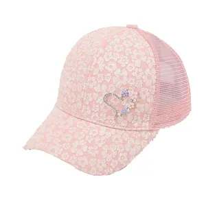 Pink rhinestone heart baseball cap with floral jacquard and breathable mesh panels
