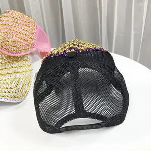 Detail of luxury rhinestone and pearl mesh baseball caps in black, pink and white