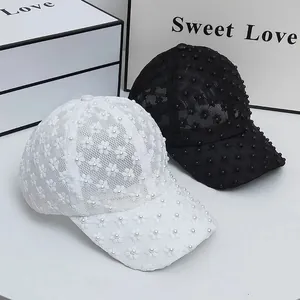 Women Lace Baseball Cap Artificial Pearl Floral Embroidery Hollow Out Breathable Mesh Sun Hat Summer Adjustable Elegant Lady Sunshade Cap