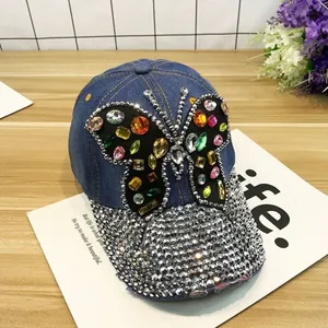 Casquette de Baseball en Denim à Papillon en Strass Scintillant pour Femmes Coton Usé Réglable Bord Complet Chapeau de Soleil Décontracté Mode Streetwear
