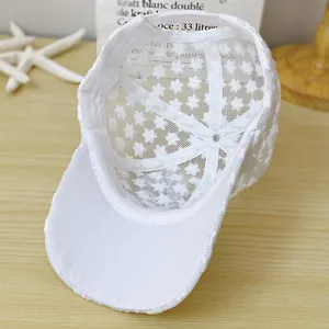 Dettaglio del cappello estivo in rete bianca con ricamo floreale e struttura traspirante