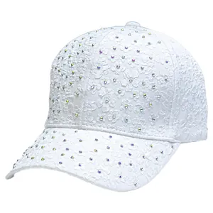 White baseball cap with floral lace embroidery and sparkling rhinestones for women