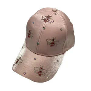 Pink satin baseball cap with rhinestone bee patterns and sparkling crystals for women