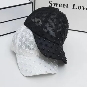 Women's breathable lace baseball cap with pearl floral patterns in black and white colors