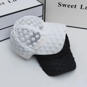 Breathable lace baseball cap for women with elegant pearl embellishments and floral mesh