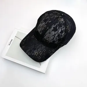 Breathable black lace baseball cap for women with gold floral patterns and curved brim