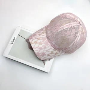 Pink floral lace baseball cap with breathable mesh and golden sparkles for women
