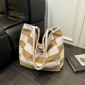 Borsa Tote in Tela a Righe da Donna Grande Capacità Borsa a Tracolla Casual per Pendolari Viaggi Shopping Handbag Minimalista Urbana