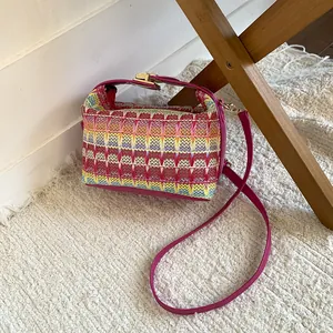 Bohemian colorful woven bucket bag with rose red straps and gold hardware for women