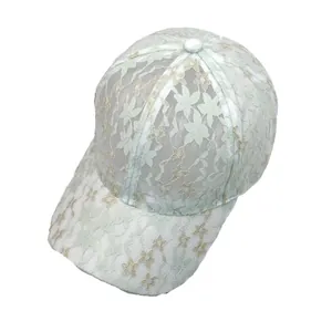 Breathable light green lace baseball cap with floral embroidery for sun protection