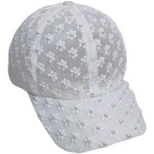 Elegant white floral lace baseball cap with pearl embellishments and breathable mesh