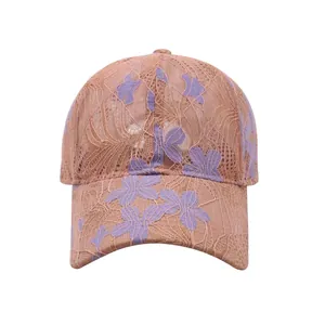 Summer pink floral lace baseball cap with breathable mesh and purple flower embroidery