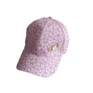 Fashionable light purple floral baseball cap with rhinestone heart metal decoration