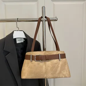 Retro Women Shoulder Bag Faux Suede Leather Underarm Tote Bag Belt Buckle Decor Small Square Handbag Daily Commute Work