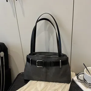 Vintage dark grey suede tote bag with black leather belt buckle and silver hardware detail