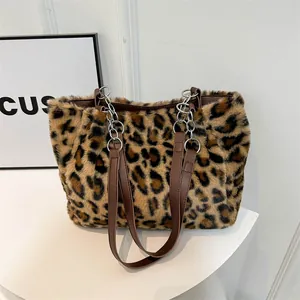 Borsa Tote in Pelliccia Sintetica Leopardata da Donna Elegante Borsa a Spalla in Peluche Con Tracolla a Catena Grande Capacità