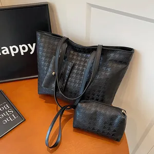 Retro Houndstooth Embossed PU Leather Tote Bag And Small Pouch For Women Large Capacity Shoulder Bag Trendy Fashion Handbag