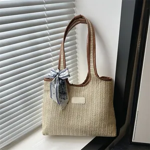 Women Summer Woven Straw Tote Bag With Decorative Scarf Leather Trim Vacation Beach Shoulder Handbag Casual Fashion Basket Bag