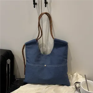 Women Casual Denim Tote Bag Minimalist Solid Color Shoulder Bag With Woven Rope Handle Contrast Stitching Daily Handbag
