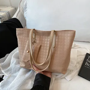 Chic beige houndstooth tote bag set with matching mini pouch for daily casual use
