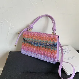 Rainbow woven crossbody bag with purple leather handle and gold chain for women