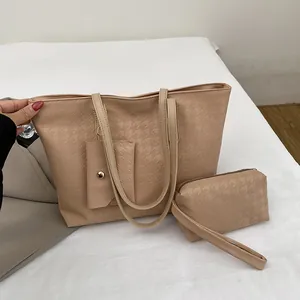 Large Fashion Houndstooth Embossed PU Leather Tote Bag Set Women Commuter Shoulder Bag Handbag With Pouch And Card Holder