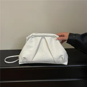 White woven cloud bag with pleat design, elegant crossbody shoulder purse for women