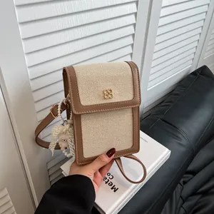 Sac de Téléphone Portable en Canevas et Cuir PU pour Femmes Mini Sac Bandoulière Contraste de Couleur Boucle Trèfle