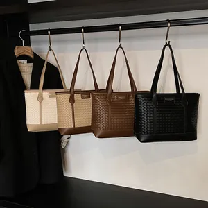 Sac Fourre-tout pour Femme en Cuir PU Tissé Grande Capacité Sac à Épaule de Banlieue Sac à Main Sous le Bras Carré Artistique Rétro
