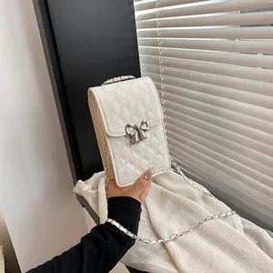 Borsa per Cellulare Mini Trapuntata da Donna in Pelle PU Tracolla Con Chiusura a Fiocco in Metallo Catena Piccola Borsa Quadrata