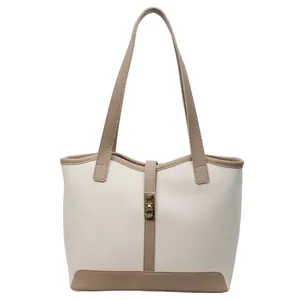Chic cream and khaki contrast color large capacity leather tote bag for women