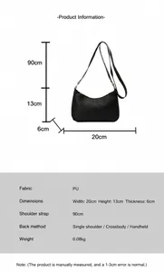 Detailed size specifications of the black PU leather shoulder bag with dimensions and weight