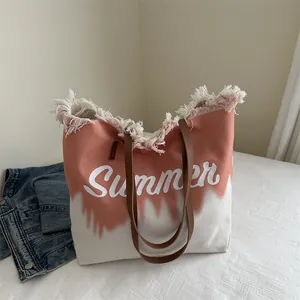 Sac Fourre-Tout en Toile Dégradé Été Grande Capacité Pour Femmes Bord Brut à Franges Sac à Main de Plage Avec Anse en Cuir PU Sac de Voyage Décontracté